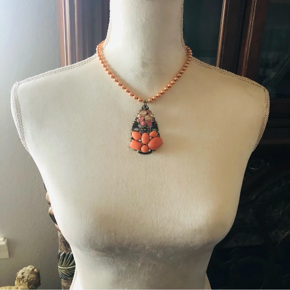 Handcrafted repurpose stone covered filigree pendant Czech glass Pearl necklace